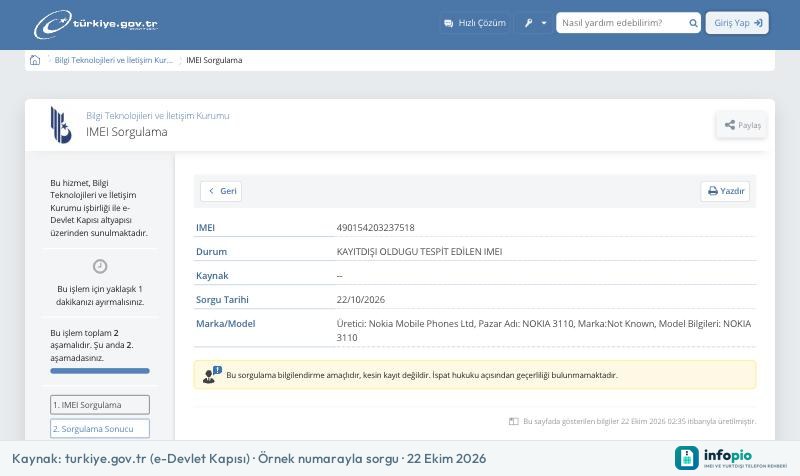e-Devlet IMEI Sorgulama sonuç ekranı: IMEI, Durum, Kaynak, Sorgu Tarihi ve Marka/Model alanları