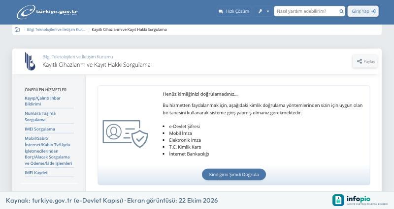 e-Devlet Kayıtlı Cihazlarım ve Kayıt Hakkı Sorgulama hizmeti giriş ekranı
